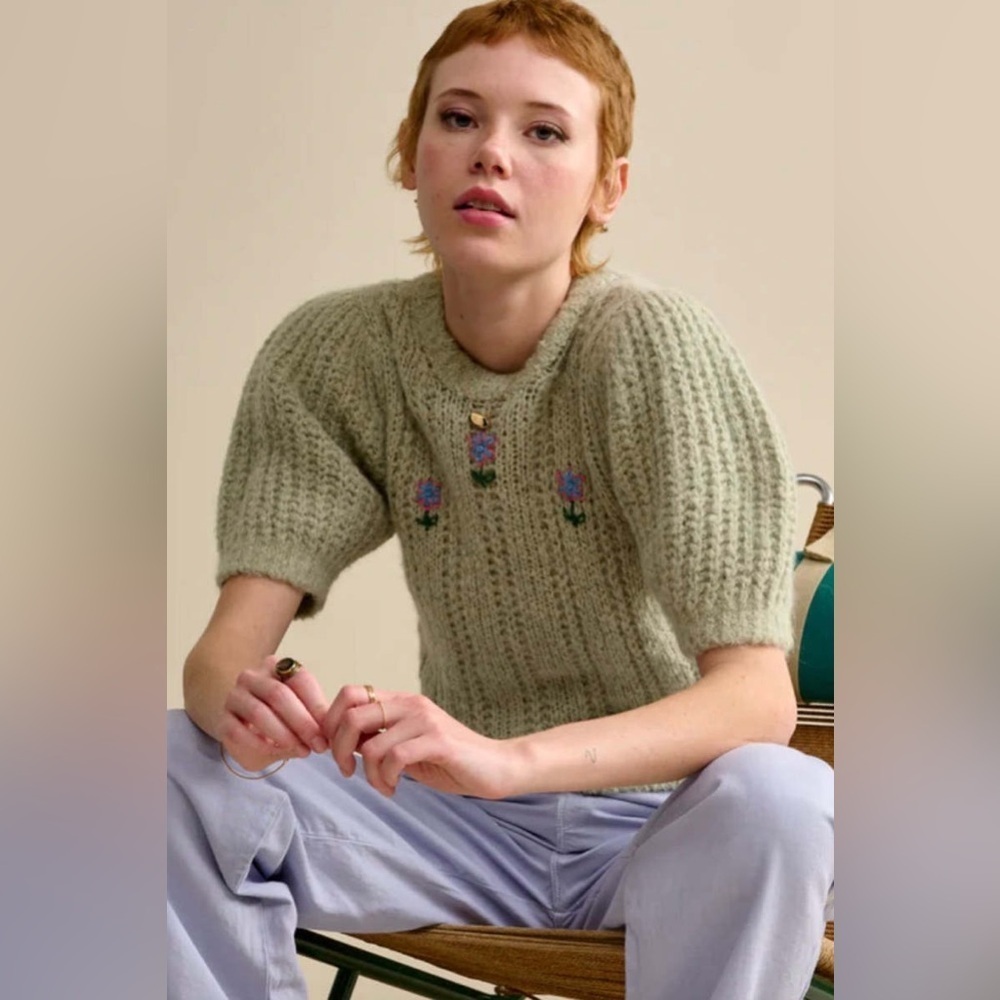 Bellerose Italian Yarn Alpaca Wool Short Sleeve Sweater - Size 2 - Green Floral
